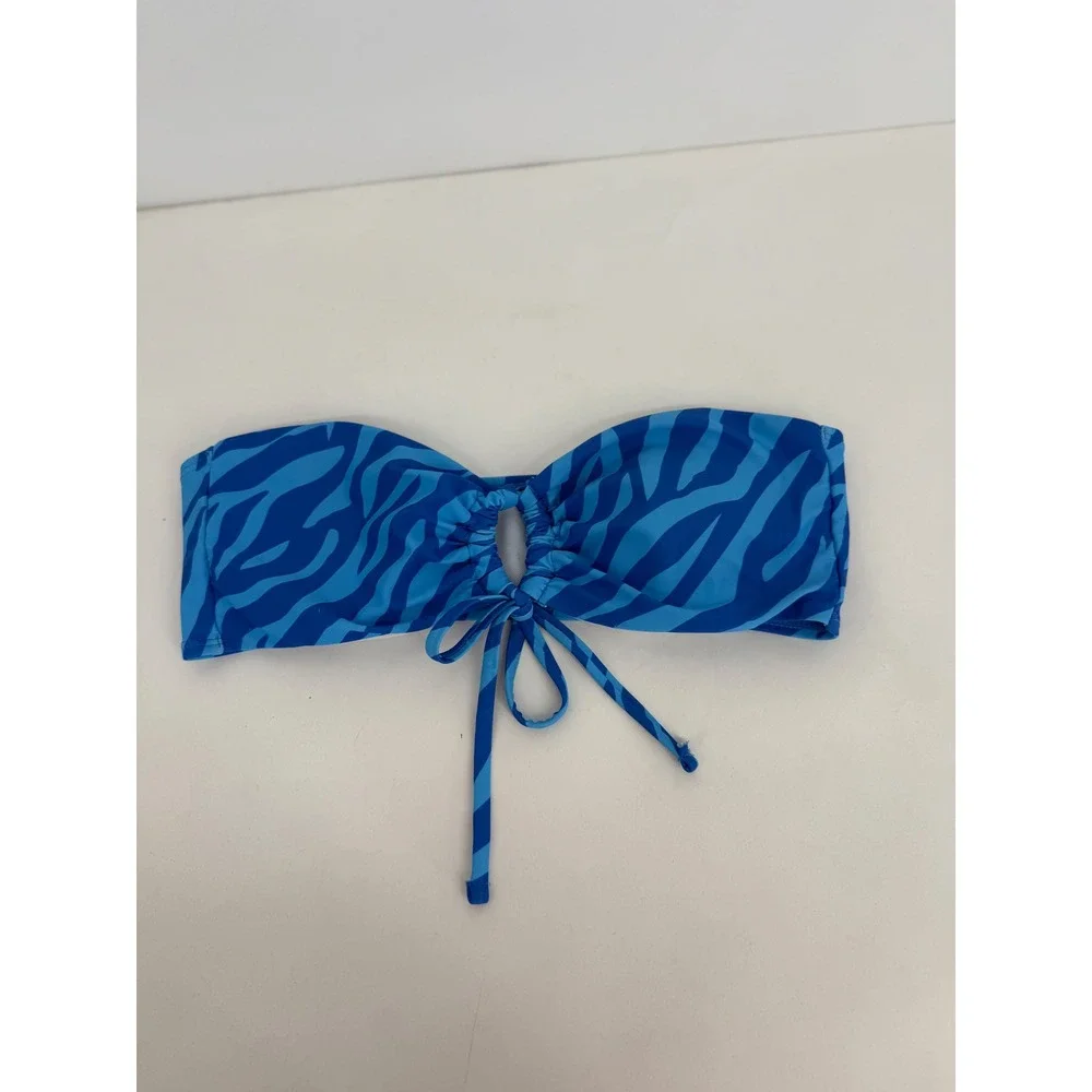 Blue Zebra Print Bandeau Bikini Top Keyhole Tie Strapless Swimwear Sz M